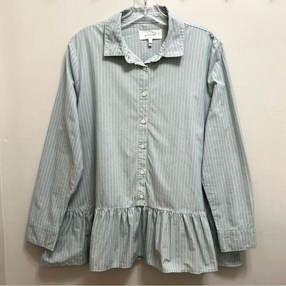 The Great. The Drop Ruffle Oxford Shirt Button Down Indigo Stripe Blue Size M - Picture 8 of 11